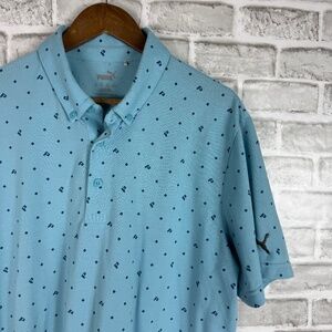 PUMA Golf Logo Argyle AOP Mint Blue Casual Collared Shirt Mens XL